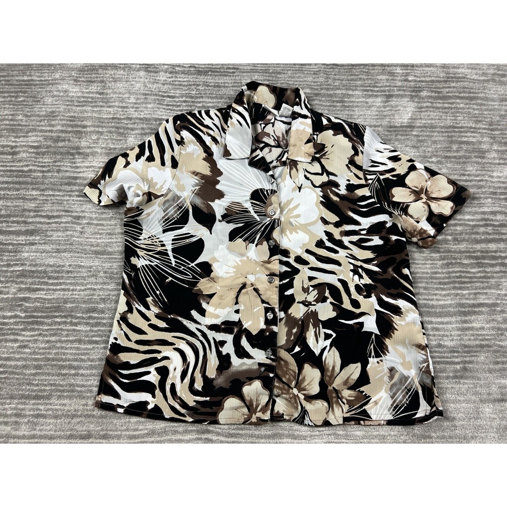 Kim Rogers Blouse Womens 14P Brown Floral Zebra Print Short Sleeve Button Up Top